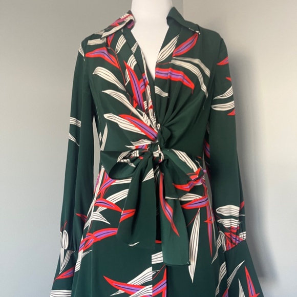 $468 DIANE VON FURSTENBERG QUINCY HUNTER PALM LEAVES SILK WRAP EFFECT MIDI DRESS - Picture 8 of 16